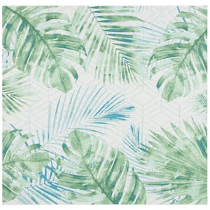Barbados Green/Teal 5 ft. x 5 ft. Square Geometric Leaf Indoor/Outdoor Area Rug