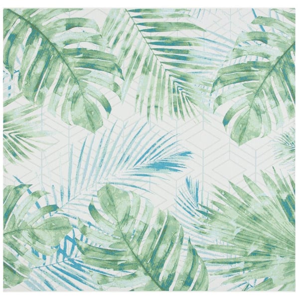 SAFAVIEH Barbados Green/Teal 5 ft. x 5 ft. Square Geometric Leaf Indoor/Outdoor Area Rug