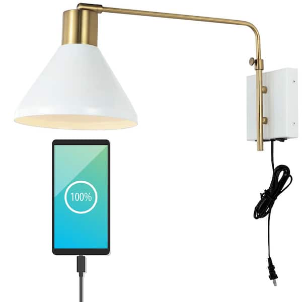 JONATHAN Y Max 20.5 in. Swing Arm 1-Light White/Brass Gold Modern Midcentury Iron USB Charging Port LED Wall Sconce