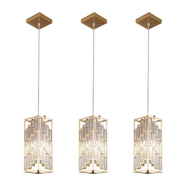 OUKANING 1-Light Gold Modern Shaded Pendant Light with Clear Crystal Shade and Adjustable Height, No Bulbs Included (3-Piece)