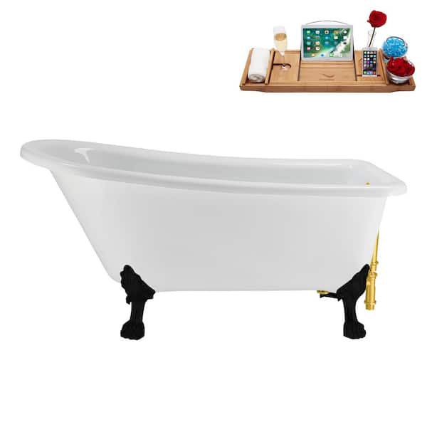 Streamline 58 in. x 28 in. Acrylic Clawfoot Soaking Bathtub in Glossy White with Polished Gold Drain, Matte Black Clawfeet