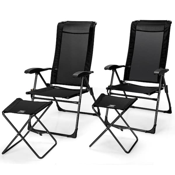 HONEY JOY 4PCS Wicker Outdoor Chaise Lounge Patio Lounge Chair Ottoman Set Camp Chairs w/7-Gear Adjustable Backrest Black