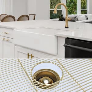 Luxury White Solid Fireclay 36 in. Single Bowl Farmhouse Apron Kitchen Sink with Matte Gold Accs and Flat Front