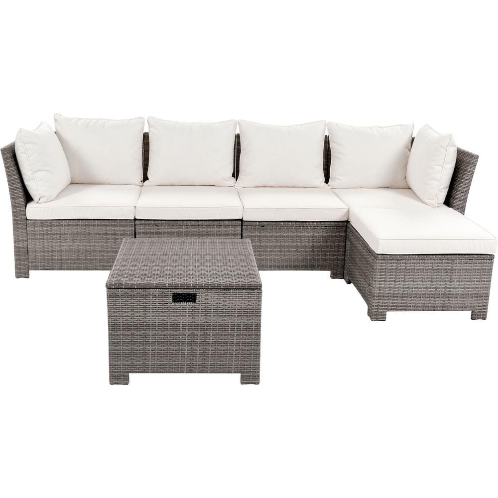 Zeus & Ruta 6-Piece Gray Wicker Outdoor Sofa Sectional Set with Beige ...