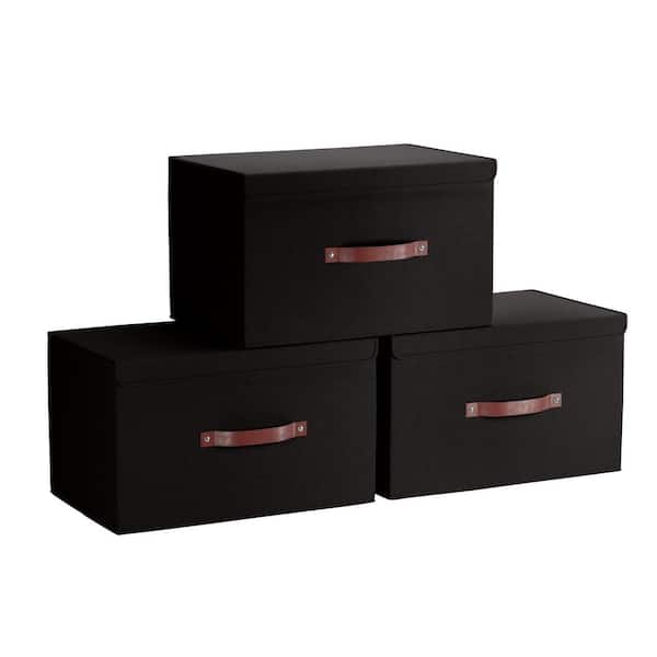 Black Foldable File Storage Box with Lid, Gold Accents, and Metal