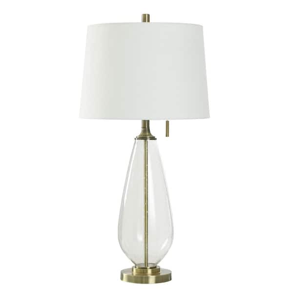 StyleCraft Christian 32 in. Clear Seeded Transitional 1-Light Standard Floor Lamp for Living Room Linen Drum Shade