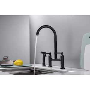 Double-Handle Bridge Kitchen Faucet with Side Sprayer in Matte Black