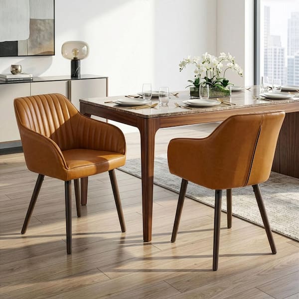 Alaura Arm Chair in Caramel Brown Faux Leather with Beech Legs (Set of 2)