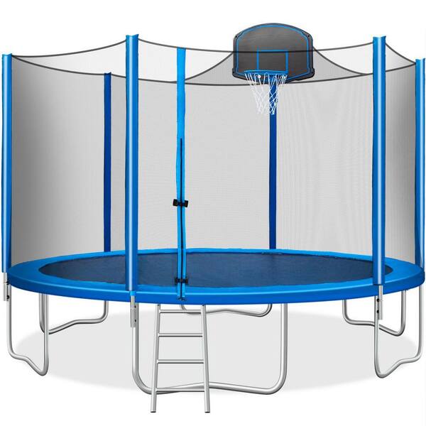 maocao hoom 15 ft. Blue Backyard Trampoline with Safety Enclosure, Basketball Hoop and Ladder