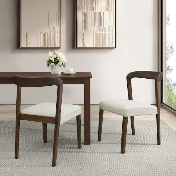 Renata Modern Walnut Plus Beige Fabric Upholstered Dining Chairs Solid Wood Open Back (Set of 2)