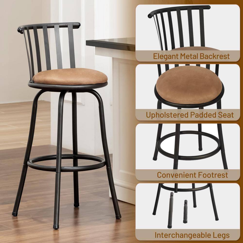 Adjustable Black Metal Swivel Barstools with Beige Suede Seats, Set of 2