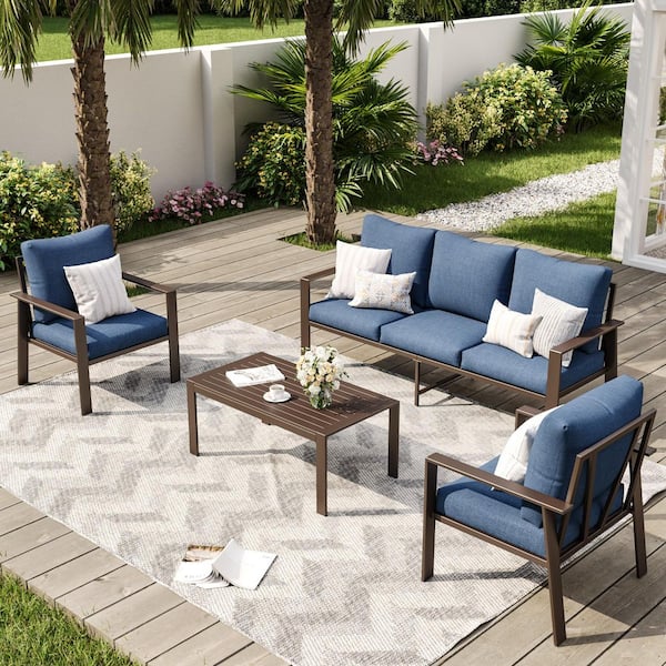 4-Piece Metal Patio Conversation Set with Navy Cushions