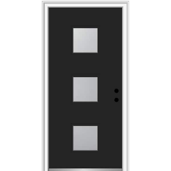 MMI DOOR 32 in. x 80 in. Aveline Left-Hand Inswing 3-Lite Frosted Painted Fiberglass Smooth Prehung Front Door 4-9/16 in. Frame