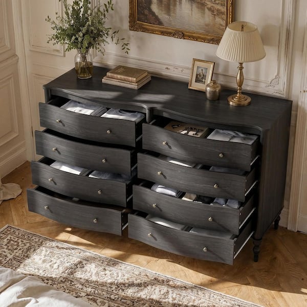 63 in. Black Oak Engineered Wood Dresser with 8 Spacious Drawers, Curved Front & Smooth Glides