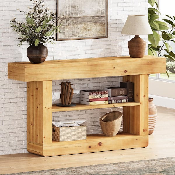 63 in. Natural Wood Rectangle Solid Wood Console Table with Storage Shelves, Rustic Hallway Table for Entryway