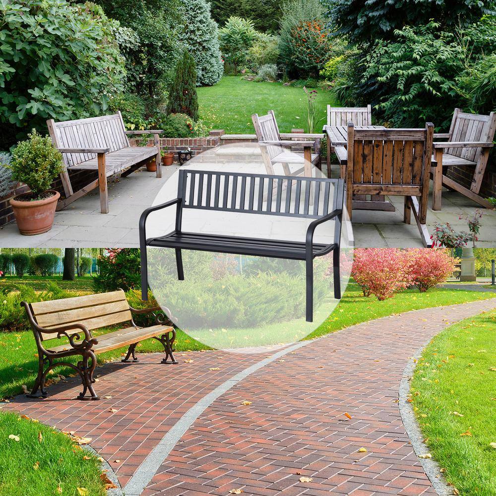 Outsunny 50" Black Slatted Steel Outdoor Garden Bench