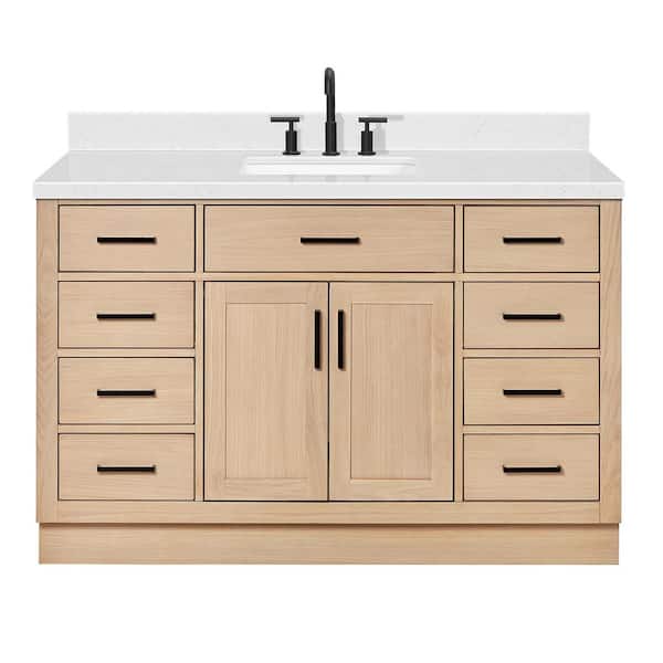 Hepburn 54 in. Single Sink Freestanding Bathroom Vanity in Oak with Carrara White Quartz Top