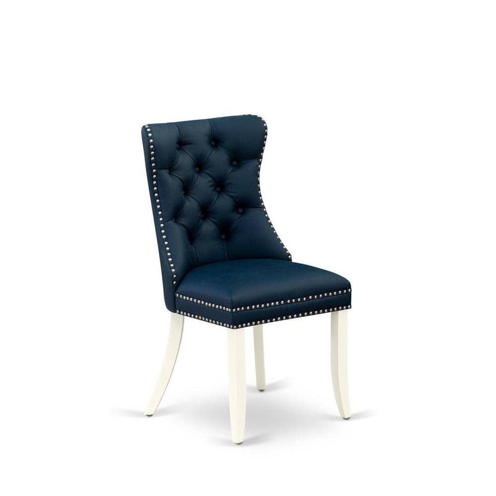 Linen White Round Dining Table Set with Navy Blue Faux Leather Chairs