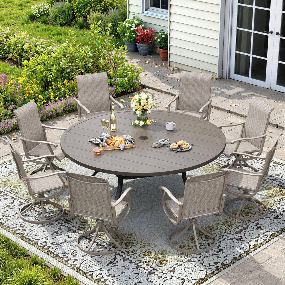 9 Pieces Metal Outdoor Dining Set with 60 in. Grey Wood-Like Round Dining Table and 8 Sandshell Swivel Dining Chairs price history on PriceWatchPro