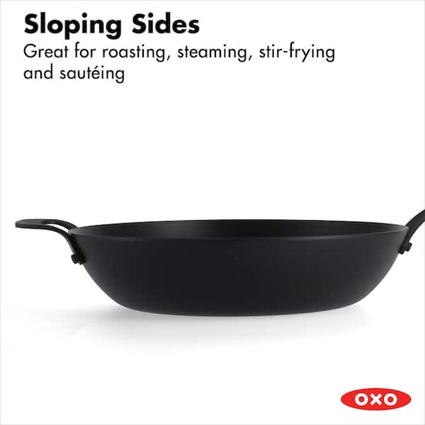 OXO Obsidian Carbon Steel 12 Fry Pan with Silicone Sleeve Black