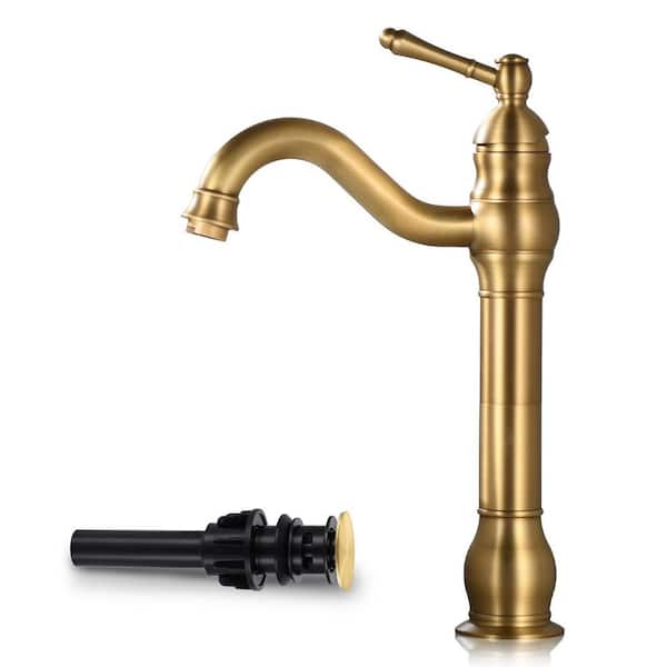 Single Hole Single-Handle Waterfall Vessel Sink Faucet with Pop-up Drain in Antique Brass