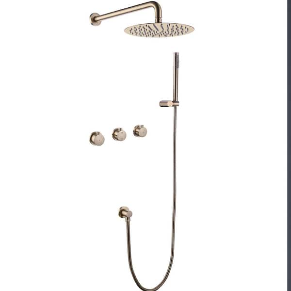 AIMADI Triple Handle 1-Spray Shower Faucet 1.8 GPM with Ceramic Disc Valves Brass Wall Mount Shower System in. Brushed Gold