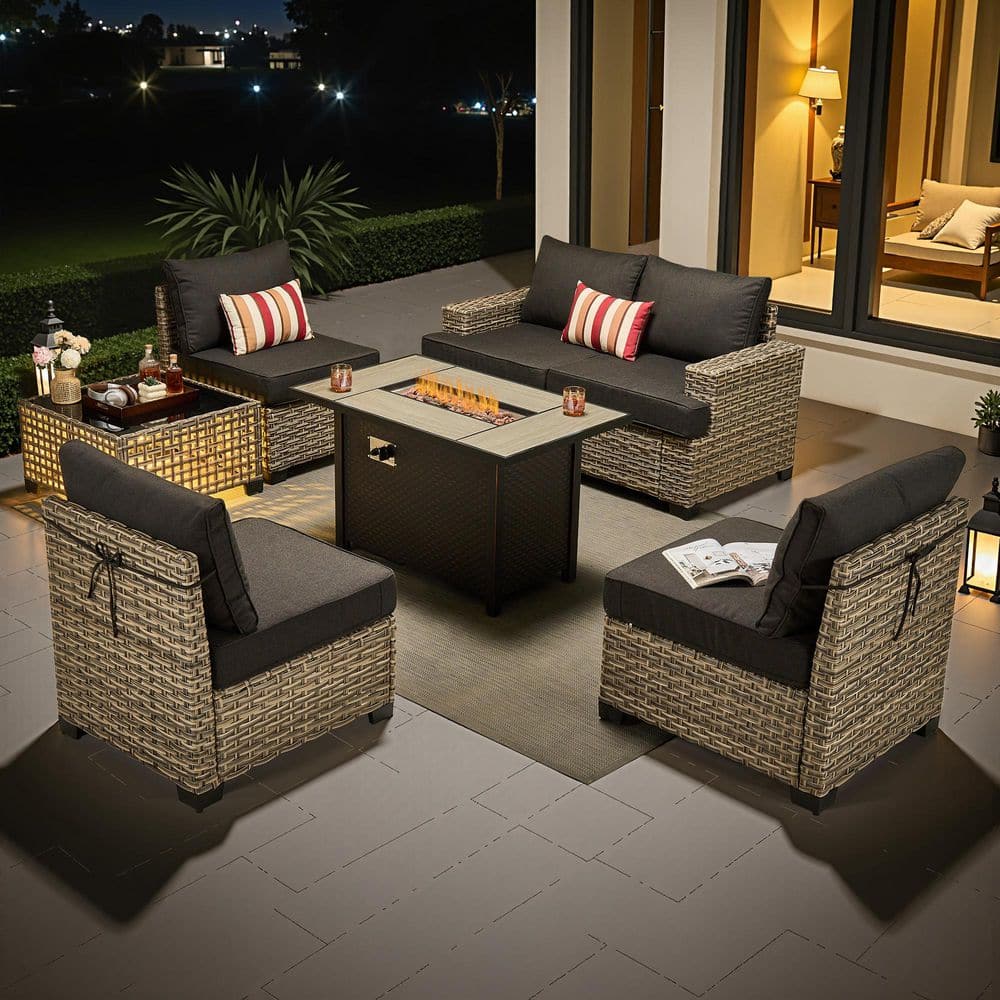 Silvae Gray Wicker 7-Piece Outdoor Sectional Set Patio Conversation Set with Fire Pit, Black Cushions and Light Table price history on PriceWatchPro