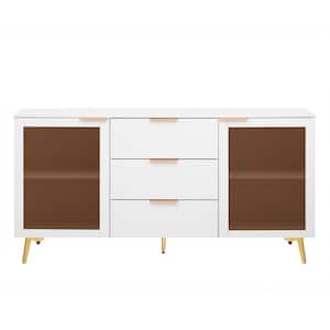 63.00 in. W x 15.70 in. D x 32.30 in. H White Featured Two-door Linen Cabinet with Three Drawers and Metal Handles