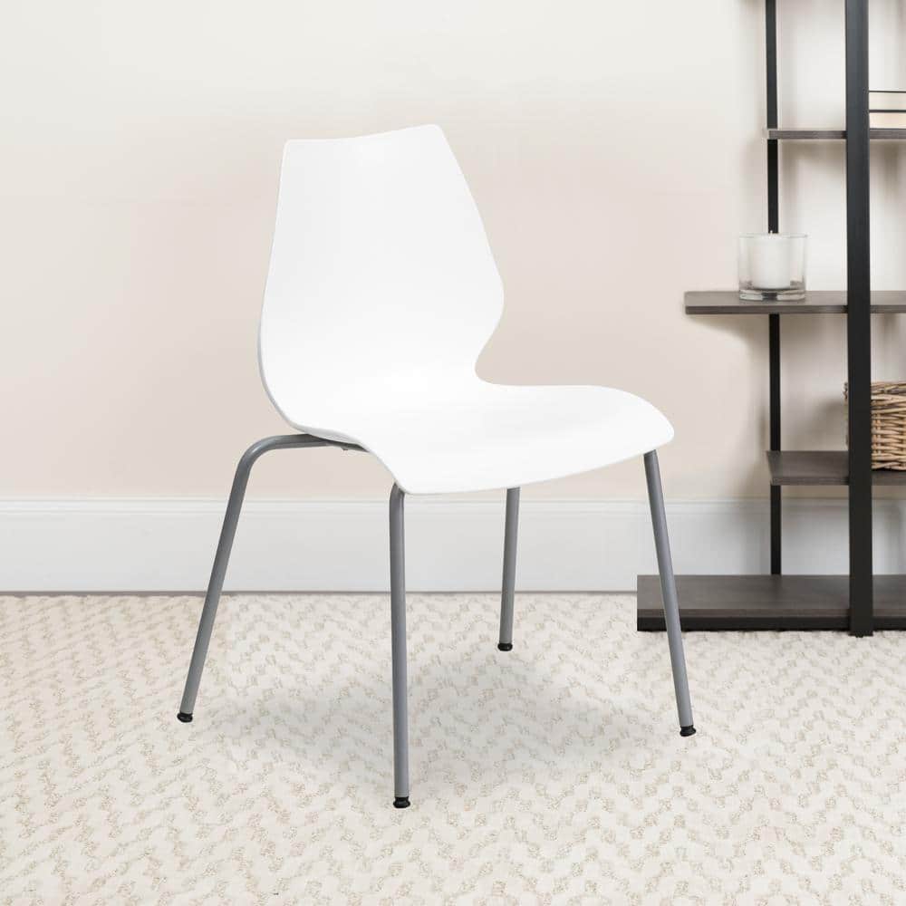 Lumbar-Support White & Silver Metal Stackable Chair