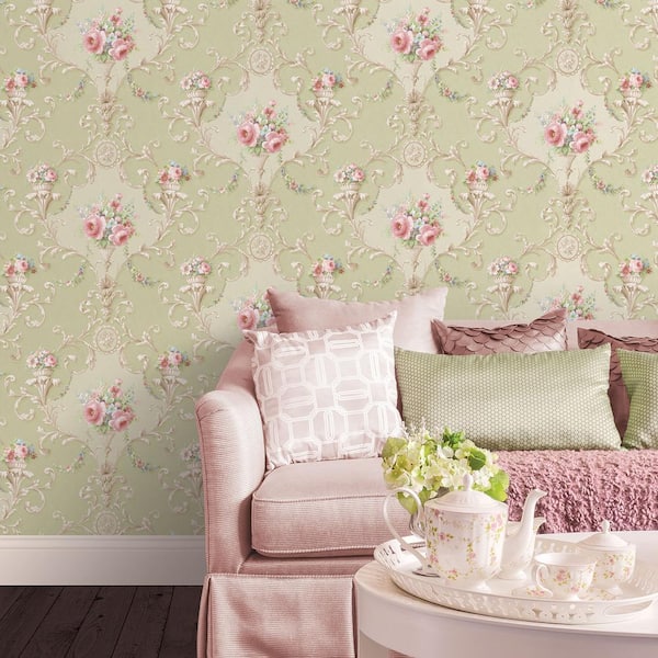 Ornamental Floral Wallpaper in Green, Blue and Pink