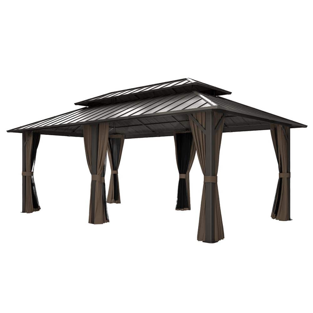 EGEIROSLIFE 12 ft. x 20 ft. Brown Double Roof Hardtop Patio Gazebo