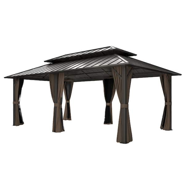 EGEIROSLIFE 12 ft. x 20 ft. Brown Double Roof Hardtop Patio Gazebo with Netting and Curtains