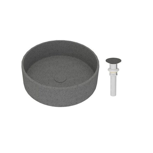 VANITYFUS 17 in. Concrete Art Basin Round Striped Bathroom Vessel Sink in Mottled Bluish Grey with The Same Color Drainer