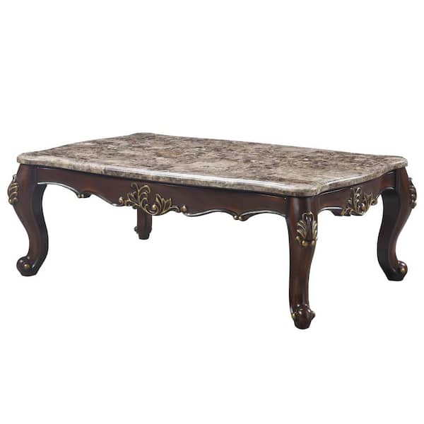 HomeRoots Amelia 36 in. Marble Top and Cherry Finish Rectangle Faux Marble Coffee Table