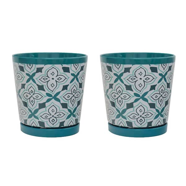 MPG 8.75 in. Dia Blue Green Geometric Pattern Melamine Pot with In-Line Saucer (2-Pack)