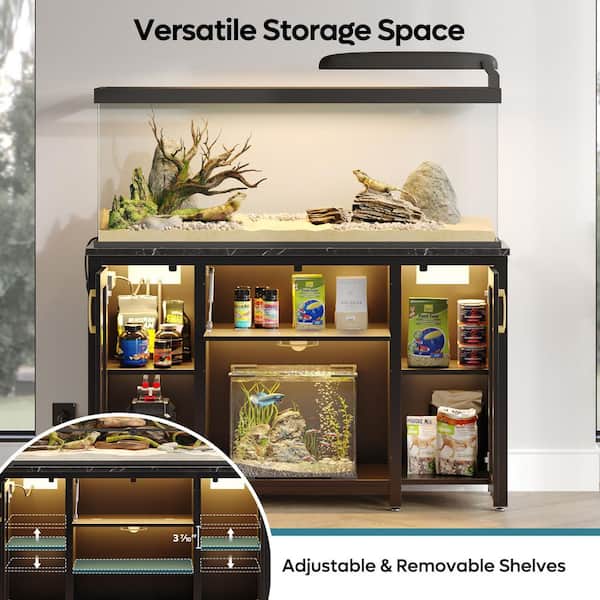 Black 30 in. 55 gal.-75 gal. Aquarium Stand with Dual Glass Cabinet, Fish Tank Stand with Power Outlet and RGB LED Light