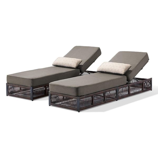 RWoven Brown Wicker Outdoor Chaise Lounge for Outside Patio Adjustable Backrest Lounger with Gray Cushions(2-Pack)