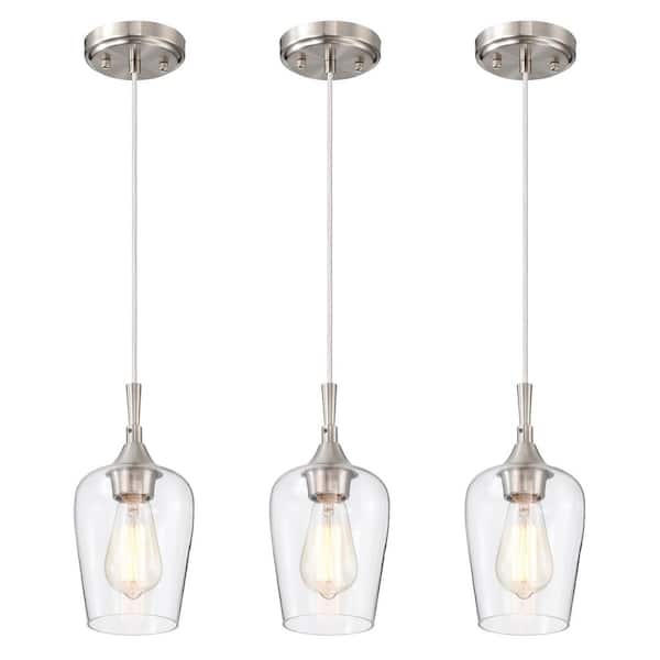 Arlo 1-Light Brushed Nickel Modern Mini Pendant Light with Clear Glass Shade (3-Pack)