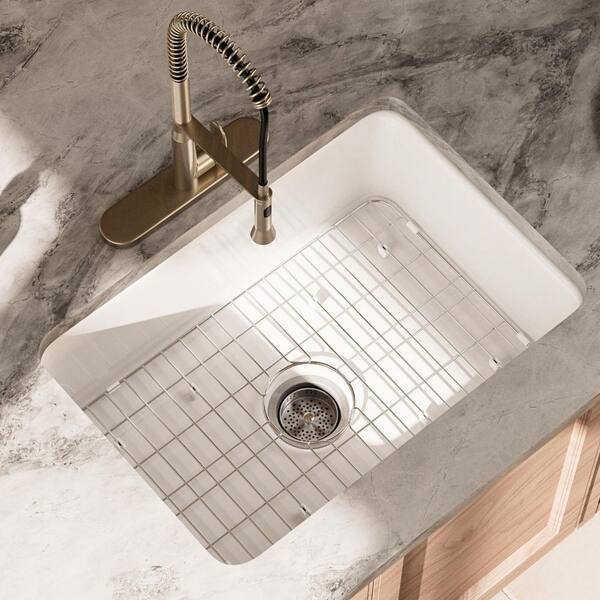 27 in. Drop-In/ Undermount Kitchen Sink Single Bowl, White Ceramic Undermount Kitchen Sink, Strainer Drain and Grid