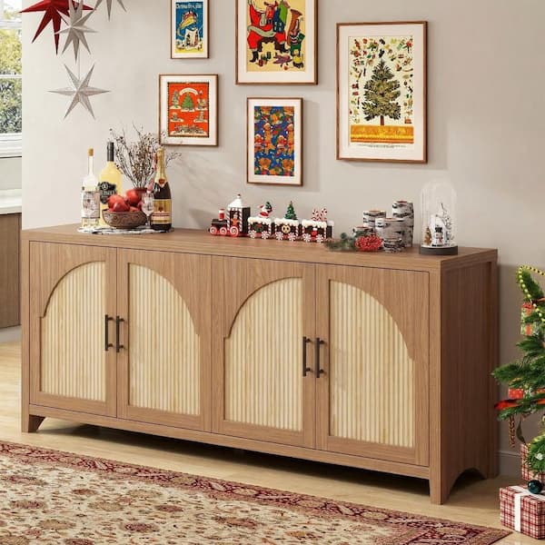 70 in. Modern Brown Oak TV Stand Entertainment Center Fits TVs Up to 75 in. with 4-Arched Reeded Doors