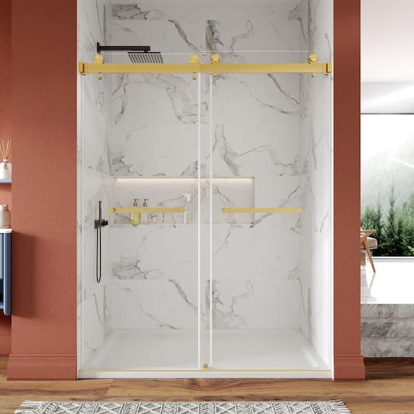 60 in. W x 76 in. H Double Sliding Frameless Shower Door in Brushed Gold with Smooth Sliding and 3/8 in. (10 mm) Glass