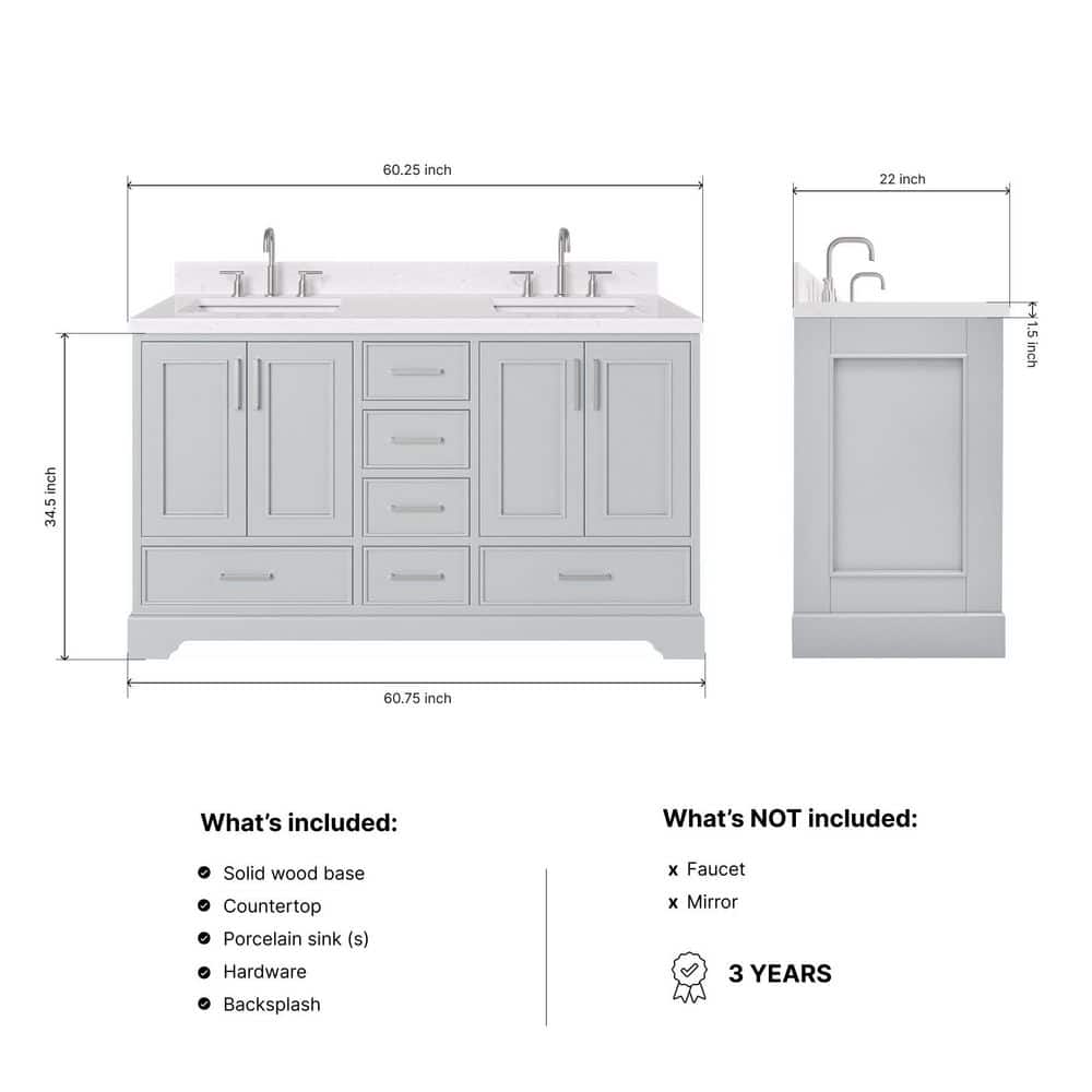 Stafford 60" Gray Double Sink Freestanding Vanity with Carrara Quartz Top