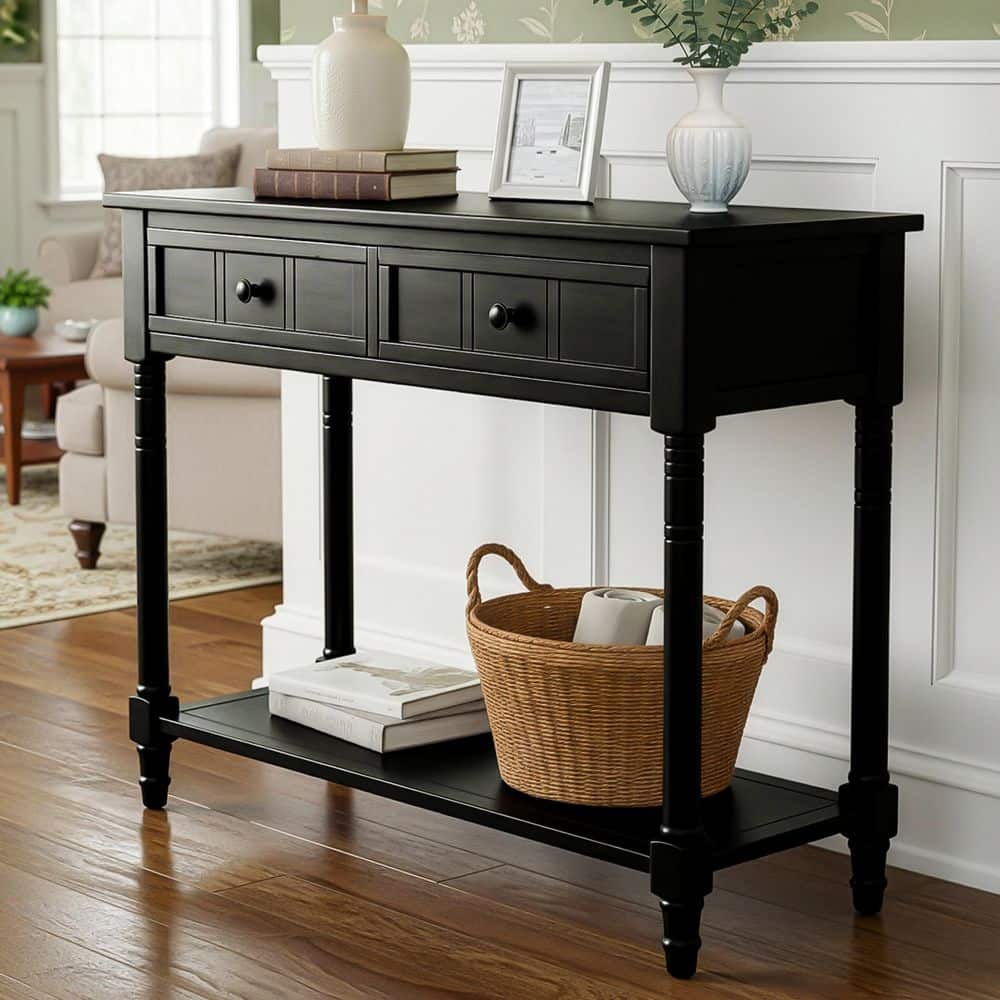 35.34 in. Black Rectangle Wood Console Table with Two Drawers and Bottom Shelf price history on PriceWatchPro