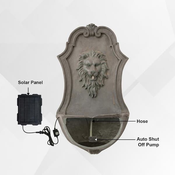 26" Solar-Powered Wall-Mounted Lion Head Waterfall Fountain, Resin, Outdoor, Gray