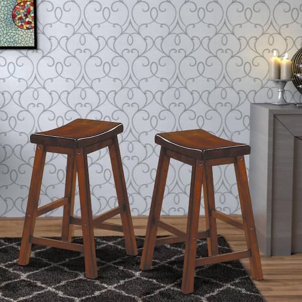 Benjara 19 in. Distressed Cherry Backless Wooden Farme Counter Height Bar Stool with Saddle Seat (Set Of 2)