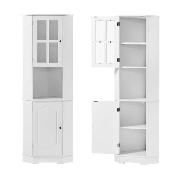 Cesicia 23 in. W x 16 in. D x 65 in. H White Freestanding Corner Bathroom Linen Cabinet Adjustable Shelf Anti-toppling Device