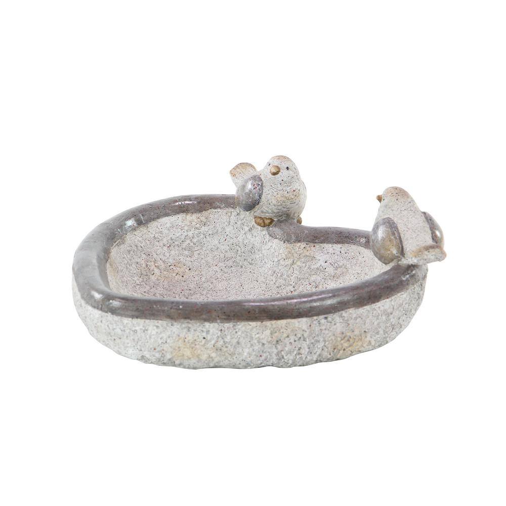 Gray Polystone Bird Garden Sculpture with Bath Bowl