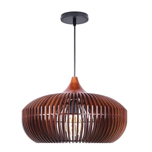 1-Light Brown Wood Pendant Light with Drum Shade Retro