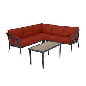 Harmony Hill 3-Piece Black Steel Outdoor Patio Sectional Sofa with Sunbrella Henna Red Cushions