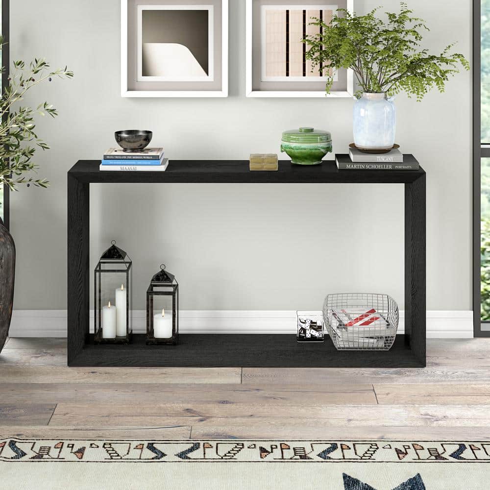 Black Grain 55" Rectangular Wood Console Table with Storage